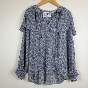 Cupio Top Women's L Blue Floral Ruffle Tassel Tie Peasant Cottage Core Blouse